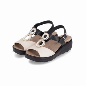 Sandália Spa Anabela Médio Off White com Preto