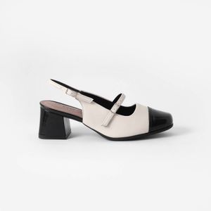 PICCADILLY MAXI - Sapato Slingback Estela Salto Médio Off White com Preto