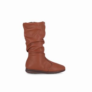 Bota Sandy Cano Médio Anabela Baixo Conhaque