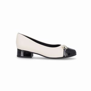 Sapato Jaqueline Salto Baixo Off White com Preto