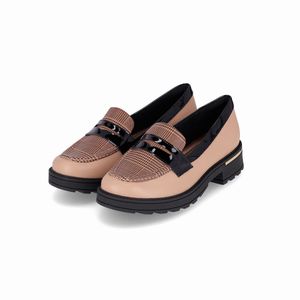 PICCADILLY MAXI - Sapato Mocassim Gisa Médio Nude Claro/Preto