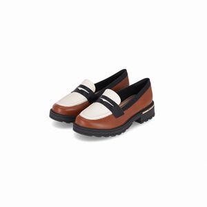 PICCADILLY MAXI - Sapato Mocassim Gisa Salto Médio Conhaque/Preto