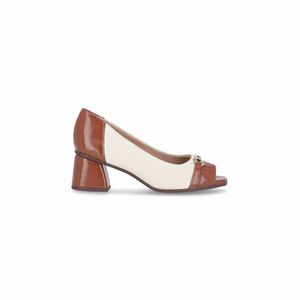 PICCADILLY MAXI - Sapato Adriana Salto Médio Off White com Conhaque