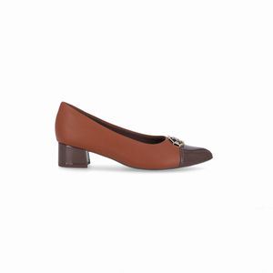 Scarpin Taci Salto Médio Conhaque com Madeira