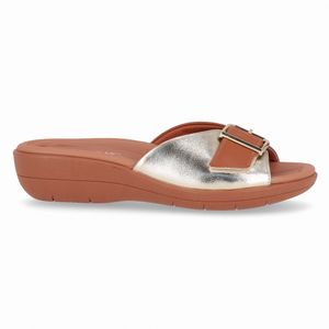 Tamanco Fascite Anabela Médio Ocre com Ouro