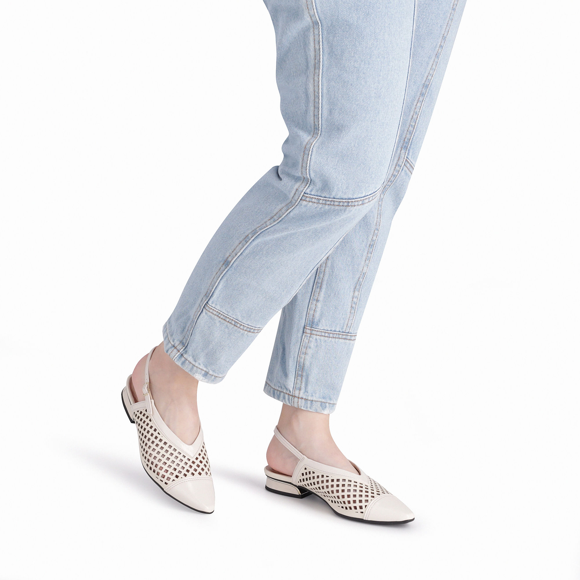 【新品】Tweed Single Strap Flats ecru 38 Sling Back Silvia Salto Baixo Off White - PICCADILLY
