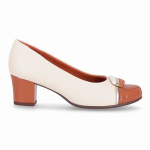 Scarpin Laura Salto Médio Off White com Ocre